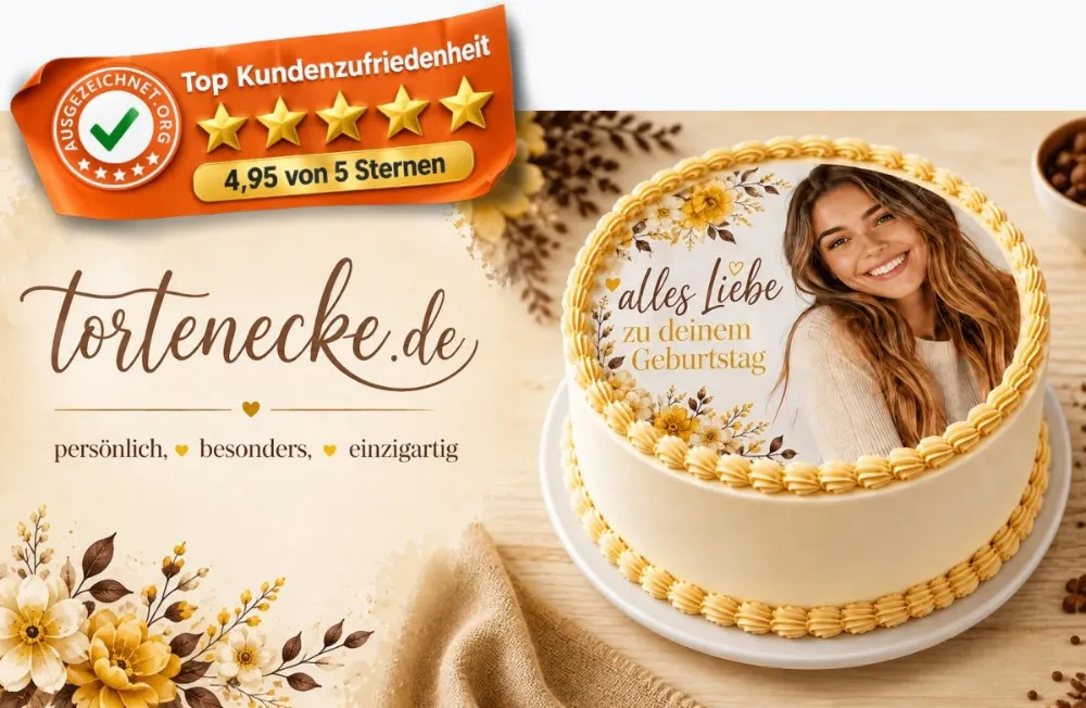 Festliche Torte mit Fotodruck von tortenecke.de und Top-Kundenzufriedenheit 4,95 Sterne. (KI-Produktbeispiel)
