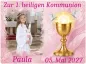 Preview: Personalisierter Tortenaufleger zur Erstkommunion – Goldener Kelch und Friedenstauben mit Wunschfoto
