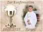 Preview: Personalisierter Tortenaufleger zur Konfirmation – Edler Kelch und Friedenstauben im beigen Festtagsdesign