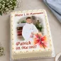 Preview: Personalisierter Fototortenaufleger für Kommunion, Konfirmation, Firmung und Jugendweihe mit feurigem Kreuz-Strahlenkranz (Hochformat)