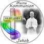Preview: Personalisierter Fototortenaufleger für Kommunion, Konfirmation, Firmung und Jugendweihe mit Kreuz und bunter Regenbogenwelle