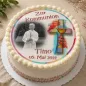 Preview: Personalisierter Fototortenaufleger für Kommunion, Konfirmation, Firmung und Jugendweihe mit buntem Kreuz und goldenem Kelch