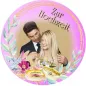 Preview: Tortenaufleger Hochzeit mit Foto rund – Flieder & Gold mit Namen-Gravur