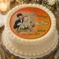 Preview: Tortenfoto Hochzeit rund mit Namen-Gravur in goldenen Ringen (7 Farben)