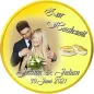 Preview: Tortenfoto Hochzeit rund mit Namen-Gravur in goldenen Ringen (7 Farben)