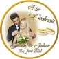 Preview: Tortenfoto Hochzeit rund in Weiß mit Namen-Gravur in Goldringen