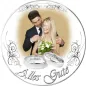 Preview: Tortenaufleger Hochzeit rund in Weiß mit Namen-Gravur in Silberringen