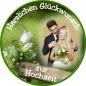 Preview: Tortenaufleger Hochzeit rund – Grün mit weißen Blüten (Natur-Look)