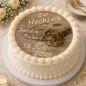 Preview: Tortenaufleger Hochzeit rund – Erdige Töne & Holz-Optik mit Ringen