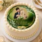 Preview: Tortenaufleger Hochzeit mit Foto rund – Grün-Floral mit Gold-Schrift