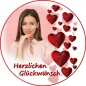 Preview: Runder Foto-Tortenaufleger Geburtstag mit roten 3D-Herzen & Konturrand