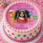 Preview: Runder Foto-Tortenaufleger zur Einschulung in Rosa mit Schultüte & ABC