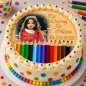 Preview: Runder Foto-Tortenaufleger zur Einschulung mit großer Buntstift-Reihe