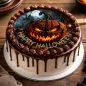Preview: Personalisierter runder Tortenaufleger – Schaurige Halloween-Nacht mit feuriger Kürbisfratze und Spukschloss