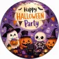 Preview: Essbares rundes Tortenbild mit Wunschtext – Farbenfrohe Happy Halloween Party mit Skelett, Geist und süßen Monstern
