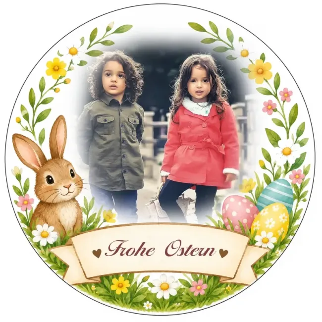 Preview: Personalisierter Tortenaufleger zu Ostern – Niedlicher Osterhase und bunter Frühlingskranz mit Wunschfoto
