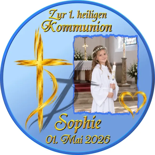 Preview: Tortenaufleger zu Kommunion & Konfirmation – Kreuz-Design mit Wunschfoto & Farbwahl