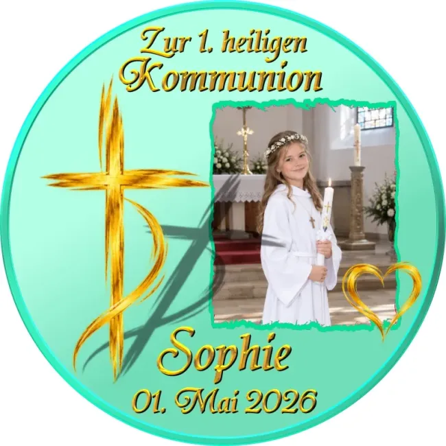 Preview: Tortenaufleger zu Kommunion & Konfirmation – Kreuz-Design mit Wunschfoto & Farbwahl