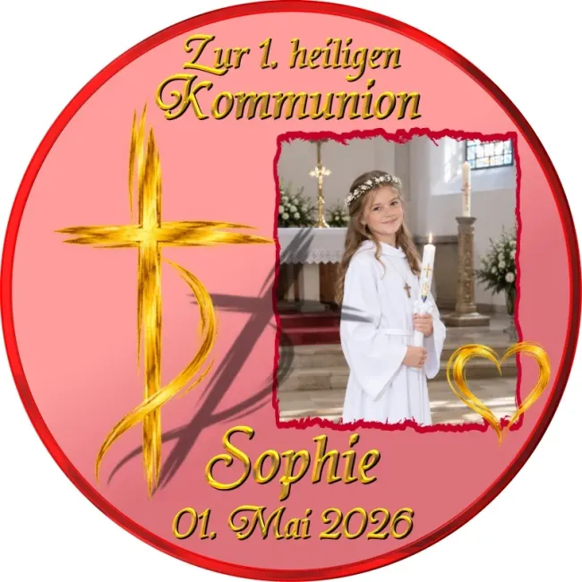 Preview: Tortenaufleger zu Kommunion & Konfirmation – Kreuz-Design mit Wunschfoto & Farbwahl