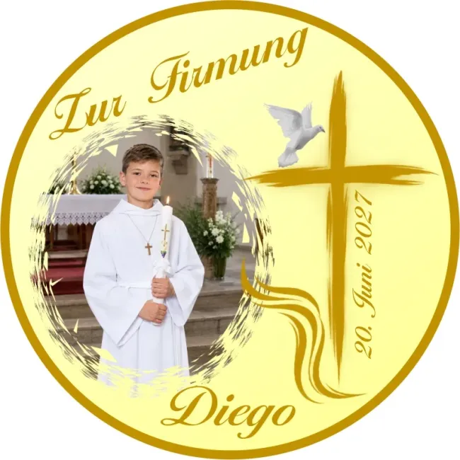 Personalisierter Fototortenaufleger zur Firmung mit Kreuz und Taube