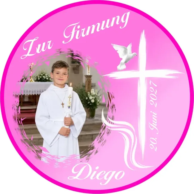 Personalisierter Fototortenaufleger zur Firmung mit Kreuz und Taube