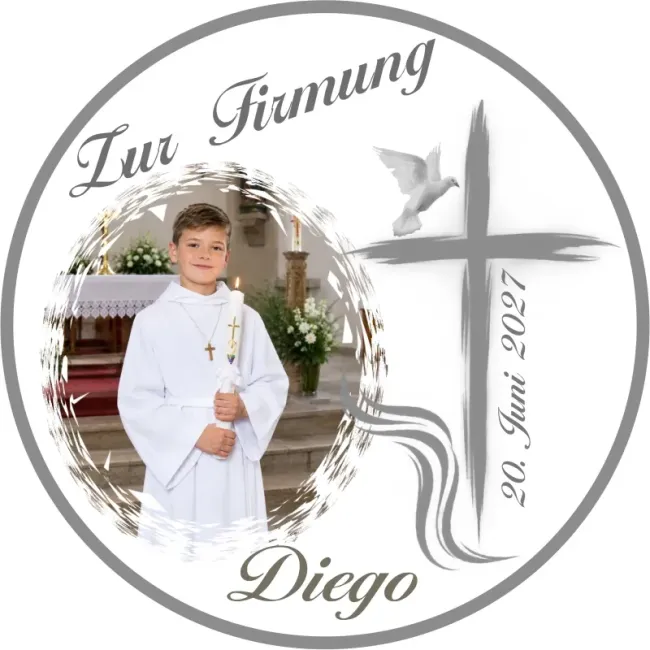 Personalisierter Fototortenaufleger zur Firmung mit Kreuz und Taube