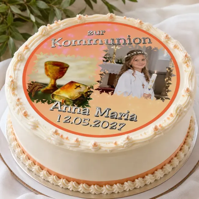 Fototortenaufleger für Kommunion, Konfirmation, Firmung und Jugendweihe mit Kelch und Bibel