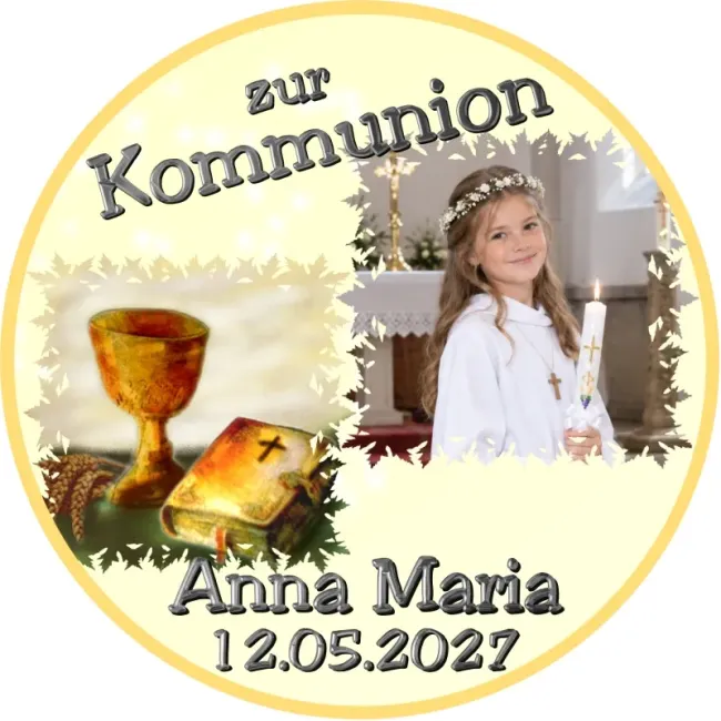 Fototortenaufleger für Kommunion, Konfirmation, Firmung und Jugendweihe mit Kelch und Bibel