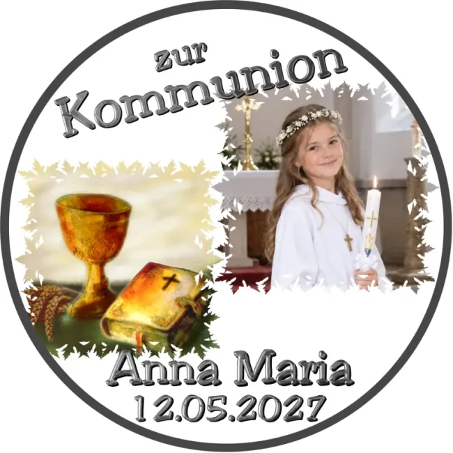 Fototortenaufleger für Kommunion, Konfirmation, Firmung und Jugendweihe mit Kelch und Bibel