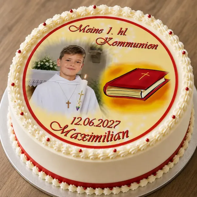 Fototortenaufleger für Kommunion, Konfirmation, Firmung und Jugendweihe mit roter Bibelzeichnung