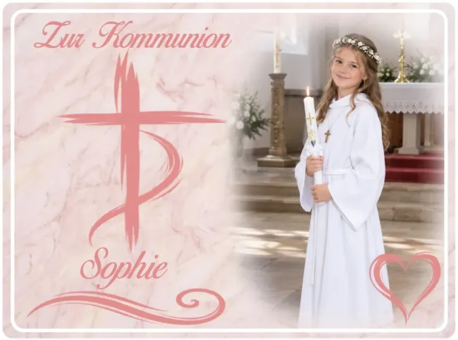 Preview: Personalisierter Tortenaufleger zu Kommunion & Konfirmation – Edle Marmor-Optik mit Kreuz und Wunschfoto