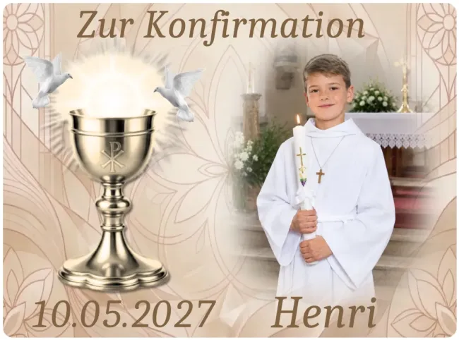 Preview: Personalisierter Tortenaufleger zur Konfirmation – Edler Kelch und Friedenstauben im beigen Festtagsdesign