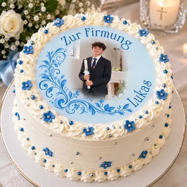 Personalisierter Tortenaufleger zu Kommunion, Konfirmation & Firmung – Blaues Ranken-Motiv
