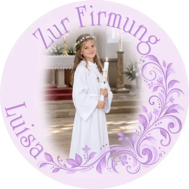 Preview: Tortenaufleger zu Kommunion, Konfirmation & Firmung – Elegante Ranken in Flieder und Lila
