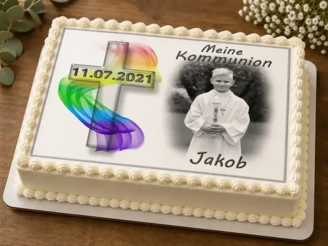 Personalisierter rechteckiger Fototortenaufleger für Kommunion, Konfirmation, Firmung und Jugendweihe mit Kreuz und Regenbogenwelle