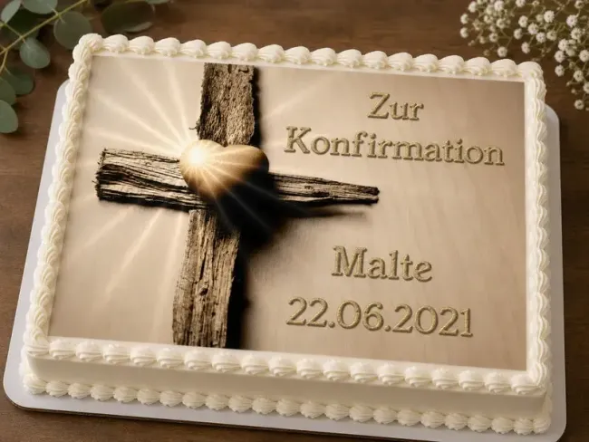 Personalisierter rechteckiger Tortenaufleger für Konfirmation, Kommunion, Firmung und Jugendweihe mit Holzkreuz und goldenem Herz (ohne Foto)