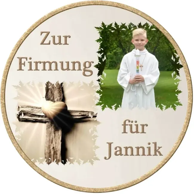 Preview: Fototortenaufleger für Kommunion, Konfirmation, Firmung und Jugendweihe mit Holzkreuz