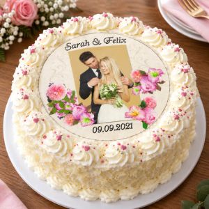 Preview: Tortenaufleger Hochzeit mit Foto rund – Hellbeige & rosa Blüten