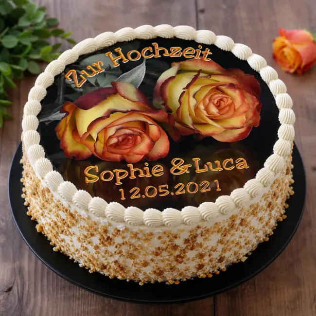 Tortenaufleger Hochzeit rund mit leuchtenden orangenen Rosen