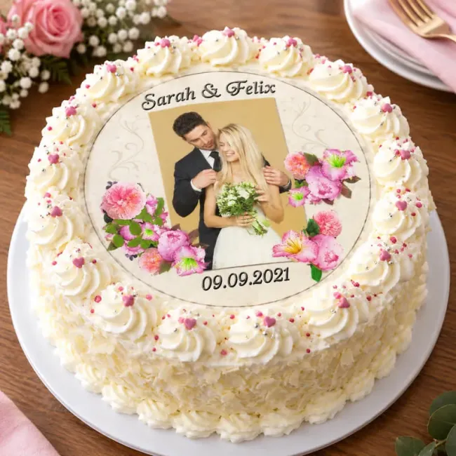 Tortenaufleger Hochzeit mit Foto rund – Hellbeige & rosa Blüten