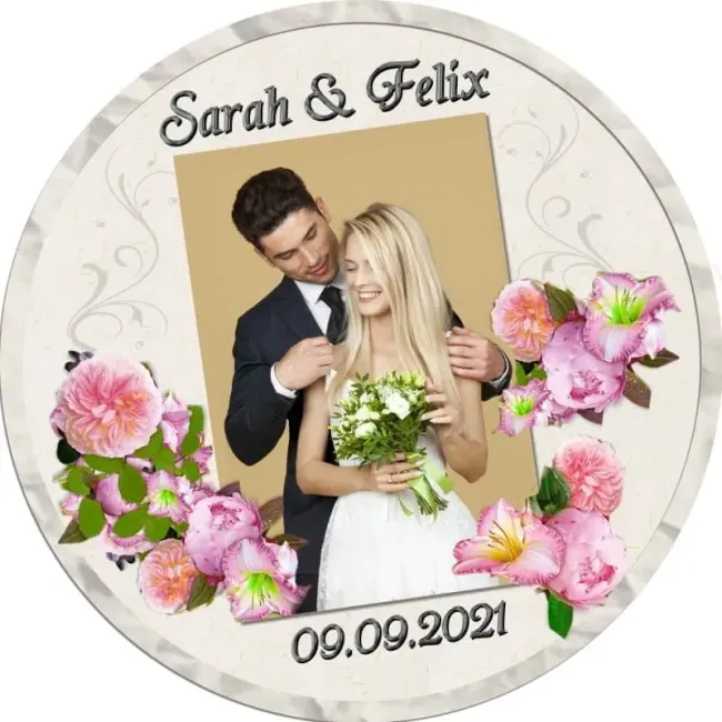 Preview: Tortenaufleger Hochzeit mit Foto rund – Hellbeige & rosa Blüten