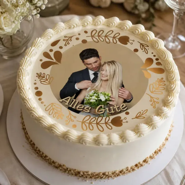 Tortenaufleger Hochzeit mit Foto rund – Gold & Blumenmuster
