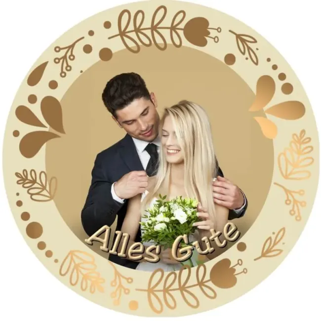 Preview: Tortenaufleger Hochzeit mit Foto rund – Gold & Blumenmuster