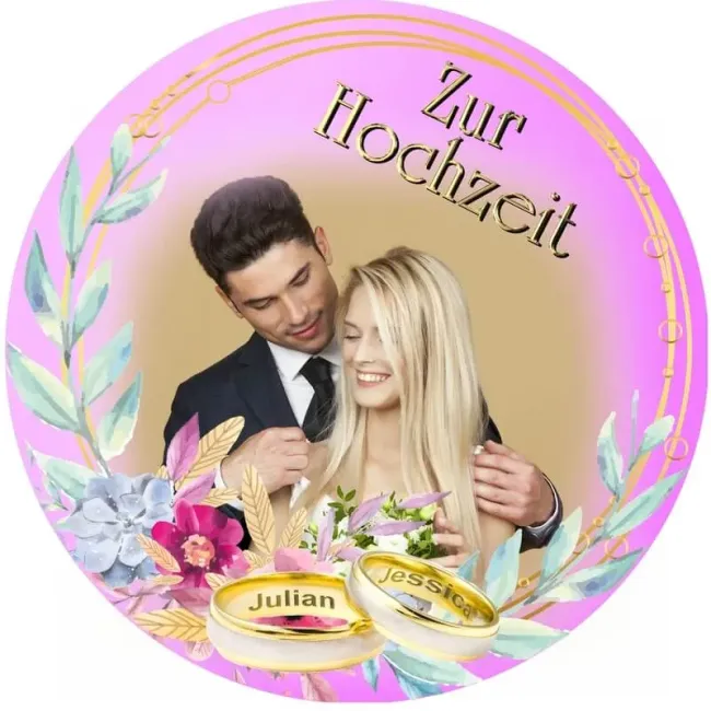 Preview: Tortenaufleger Hochzeit mit Foto rund – Flieder & Gold mit Namen-Gravur