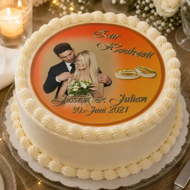 Tortenfoto Hochzeit rund mit Namen-Gravur in goldenen Ringen (7 Farben)