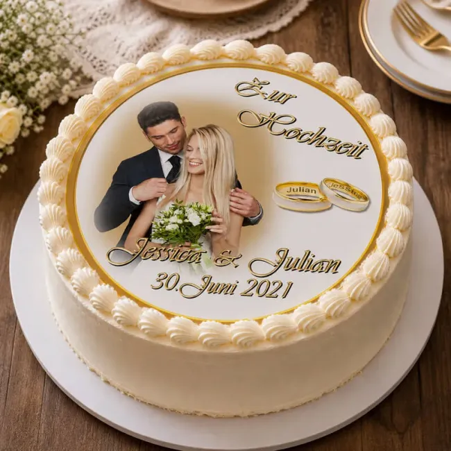 Tortenfoto Hochzeit rund in Weiß mit Namen-Gravur in Goldringen