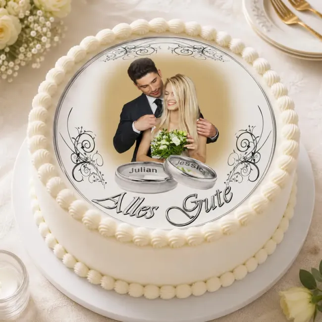 Tortenaufleger Hochzeit rund in Weiß mit Namen-Gravur in Silberringen