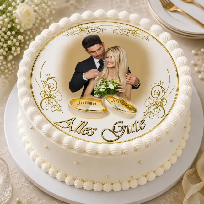 Tortenaufleger Hochzeit rund in Weiß-Gold mit Namen-Gravur in Ringen