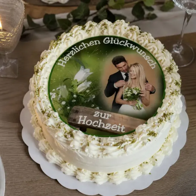 Tortenaufleger Hochzeit rund – Grün mit weißen Blüten (Natur-Look)