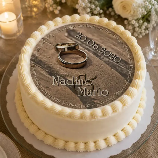 Tortenaufleger Hochzeit rund – Uriges Holz-Design mit Eheringen